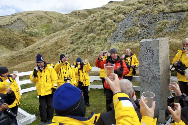 Drinking a toast to ‘The Boss’, Ernest Shackleton at Grytviken, South Georgia Island with Rick, the sexy historian